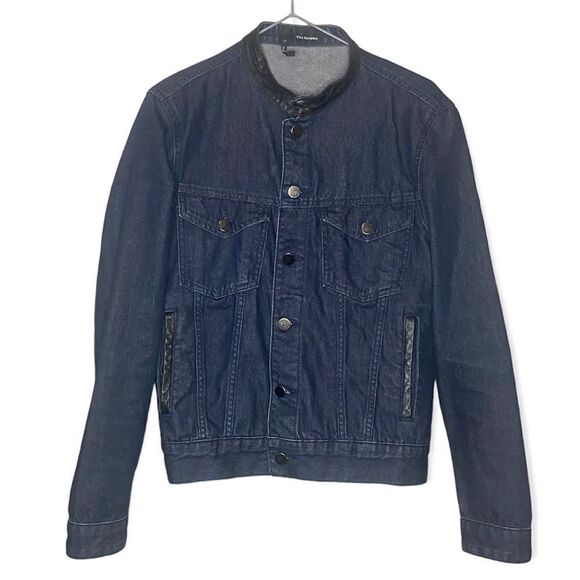 The Kooples Blue Dark-Wash Leather-Trim Classic Denim-Jean Jacket Size XS - Picture 1 of 8